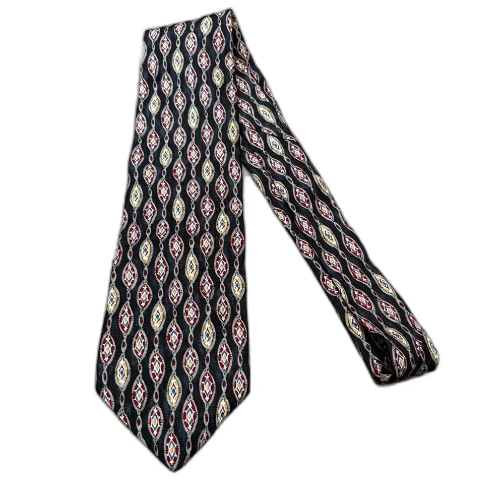 Gino Pompeii 100% Silk Necktie Geometric Diamond Pattern Black Red Gold‎ 90s Tie